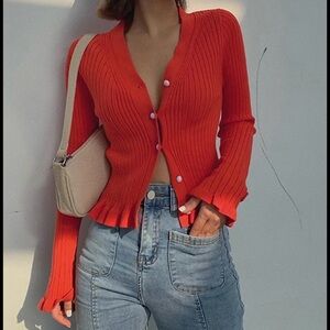 Ruffled Trim Pearl Button Long Sleeve Cardigan